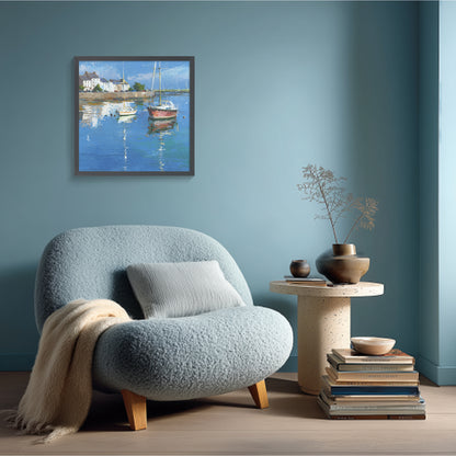Boats Aside Tiny Village | Coastal Landscape Painting for Nautical Home Decor