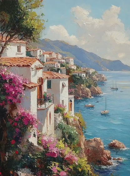 Sea House and Many Flowers | Coastal Garden Wall Art for Beach Cottage Decor