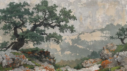 Solitude of the Mountain Tree | Landscape Painting Wall Art for Cabin Decor