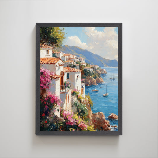 Sea House and Many Flowers | Coastal Garden Wall Art for Beach Cottage Decor