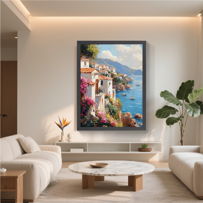 Sea House and Many Flowers | Coastal Garden Wall Art for Beach Cottage Decor