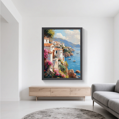 Sea House and Many Flowers | Coastal Garden Wall Art for Beach Cottage Decor