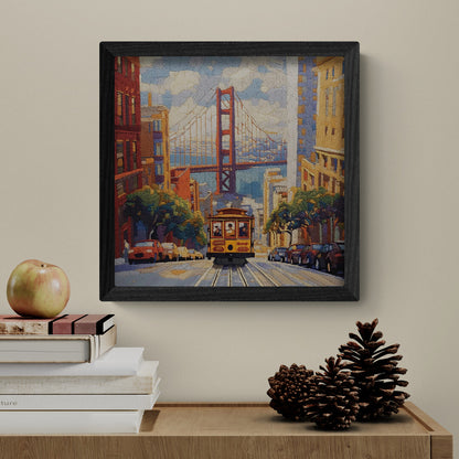 San Francisco Cable Car Golden Gate Bridge embroidery textured art print punch needle California wall decor